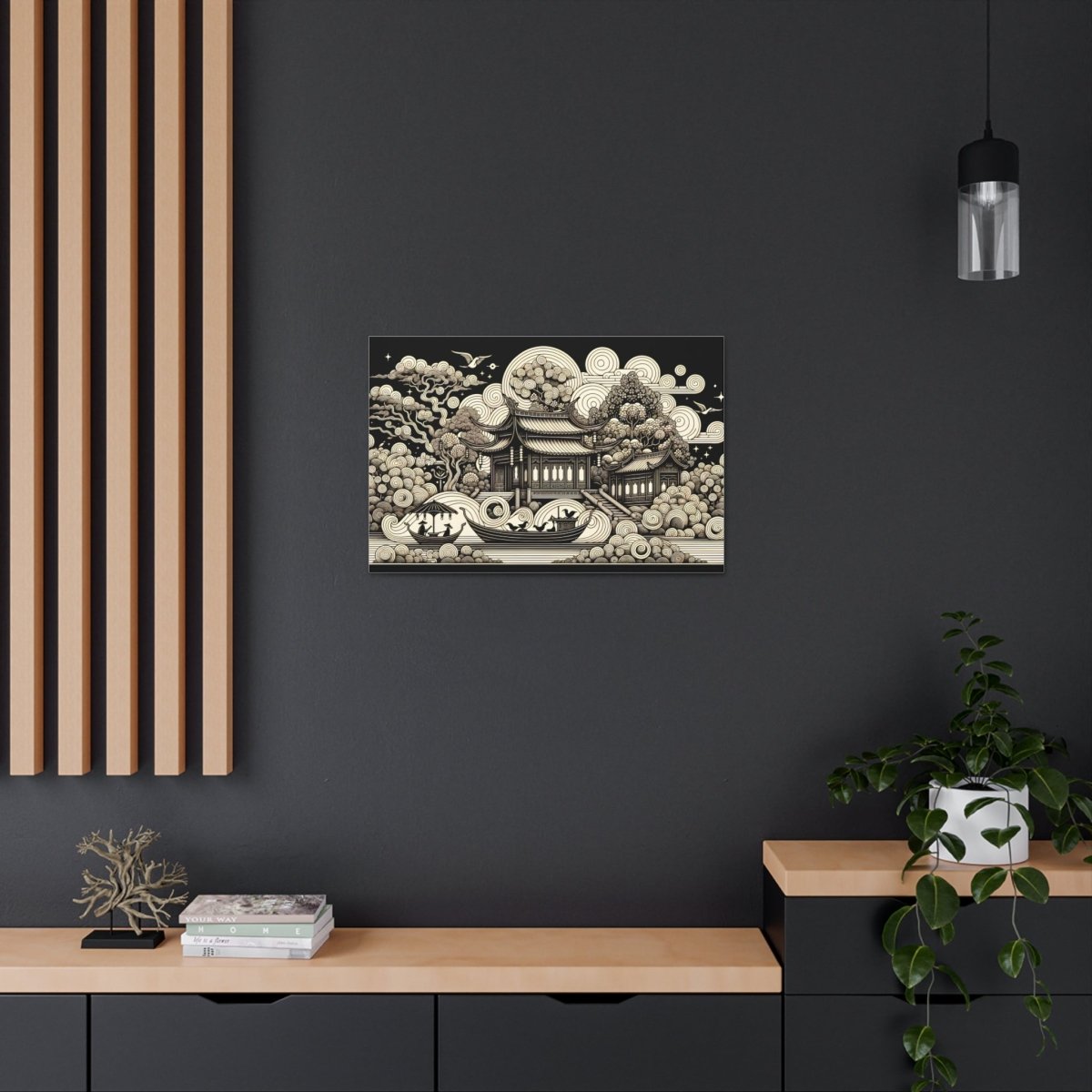 Eternal Harmony Oriental Scroll - Intricate Monochrome Paradise Landscape - Chinese Folk Art - Neodigitalis Artimata