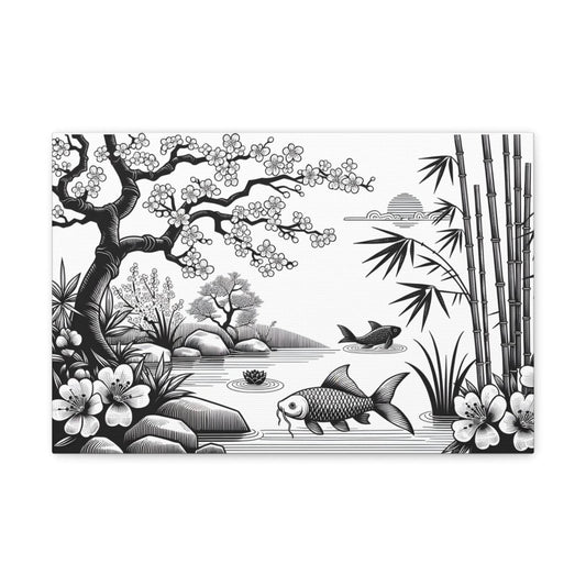 Serenity Garden Monochrome Canvas Print - Chinese Folk Art - Neodigitalis Artimata