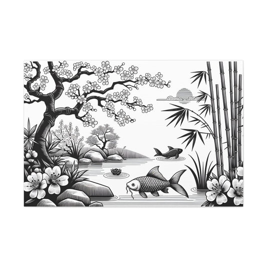Serenity Garden Monochrome Canvas Print - Chinese Folk Art - Neodigitalis Artimata